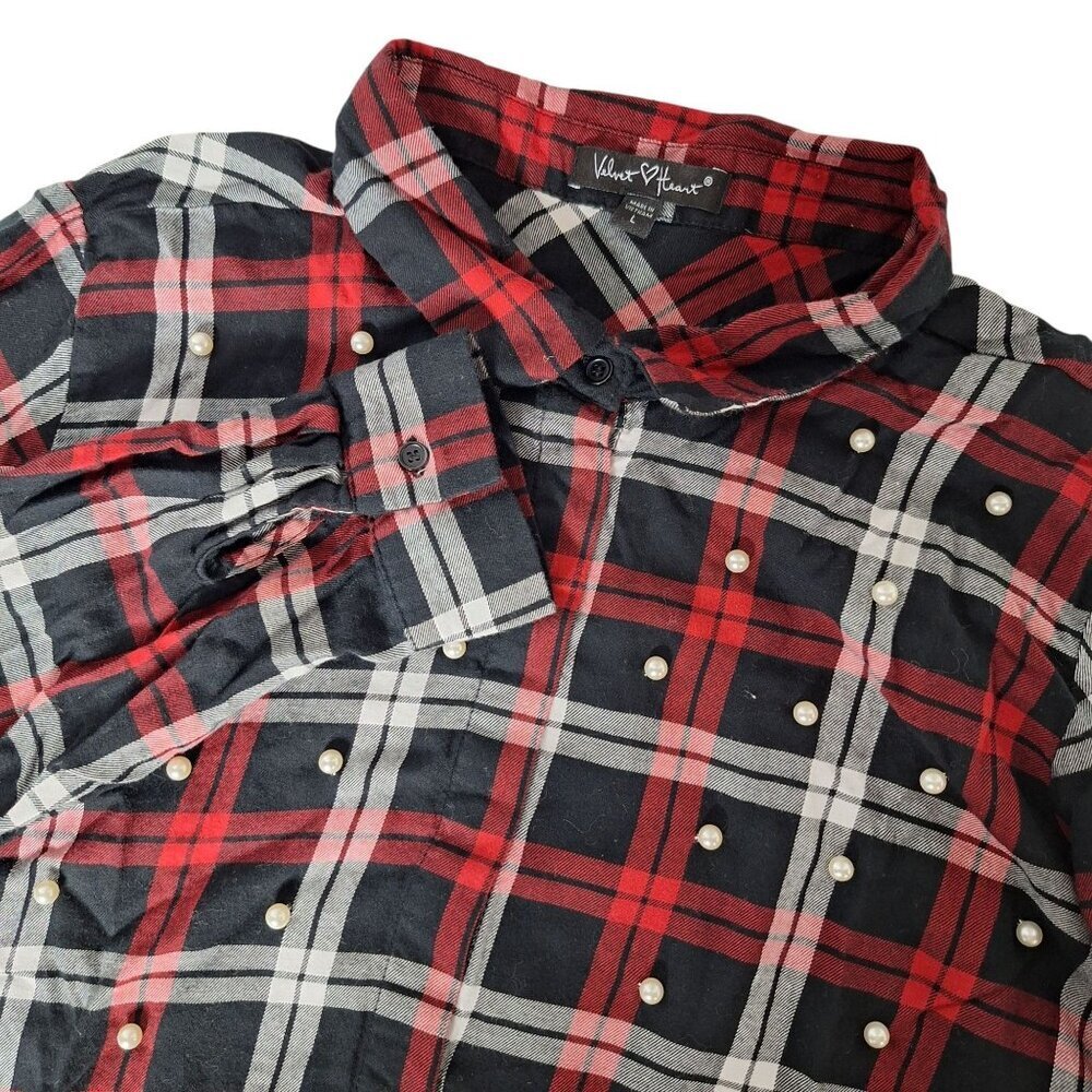 Velvet Heart Plaid Button Up Shirt Large Black Red White